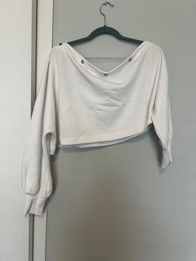 Jennifer Lopez white off the shoulder Cropped Boatneck Sweatshirt